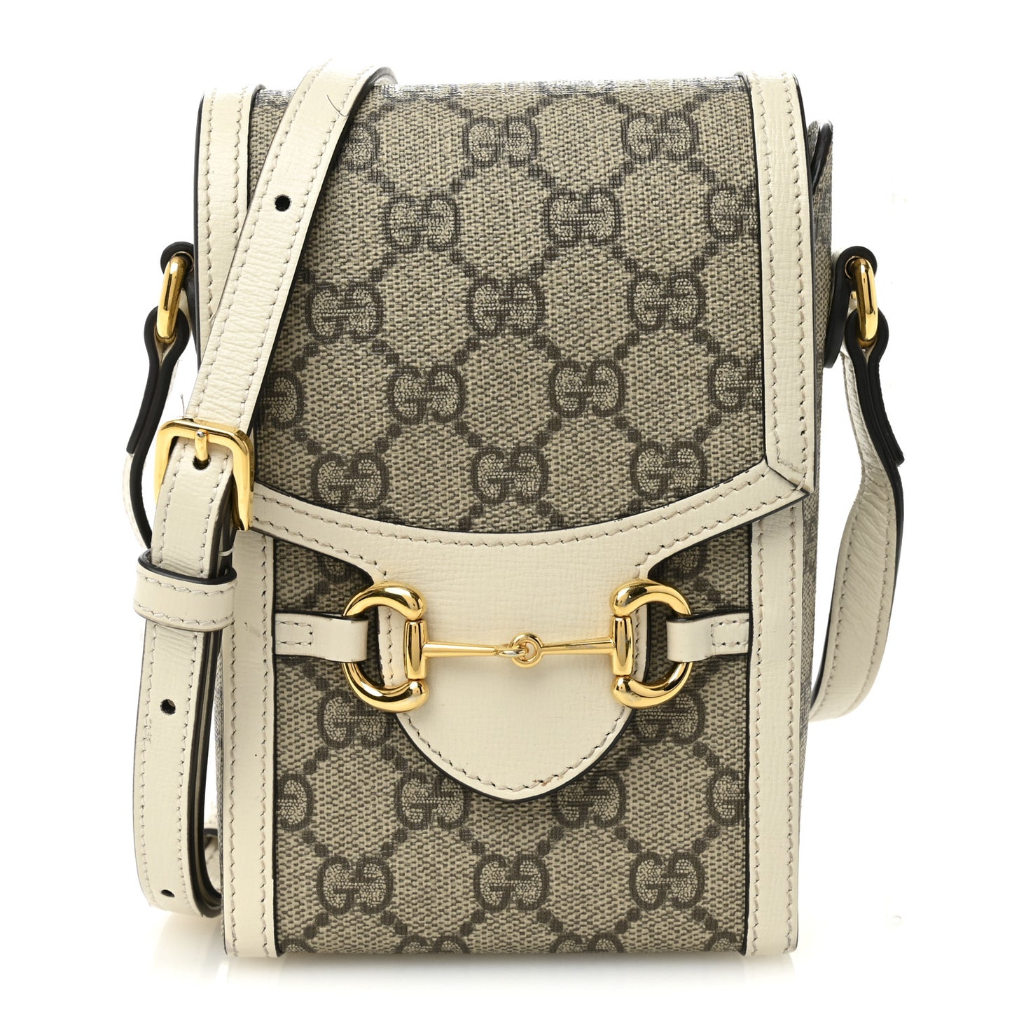 GG Supreme Monogram Azalea Calfskin Mini Horsebit 1955 Crossbody Bag Beige Ebony Mystic White