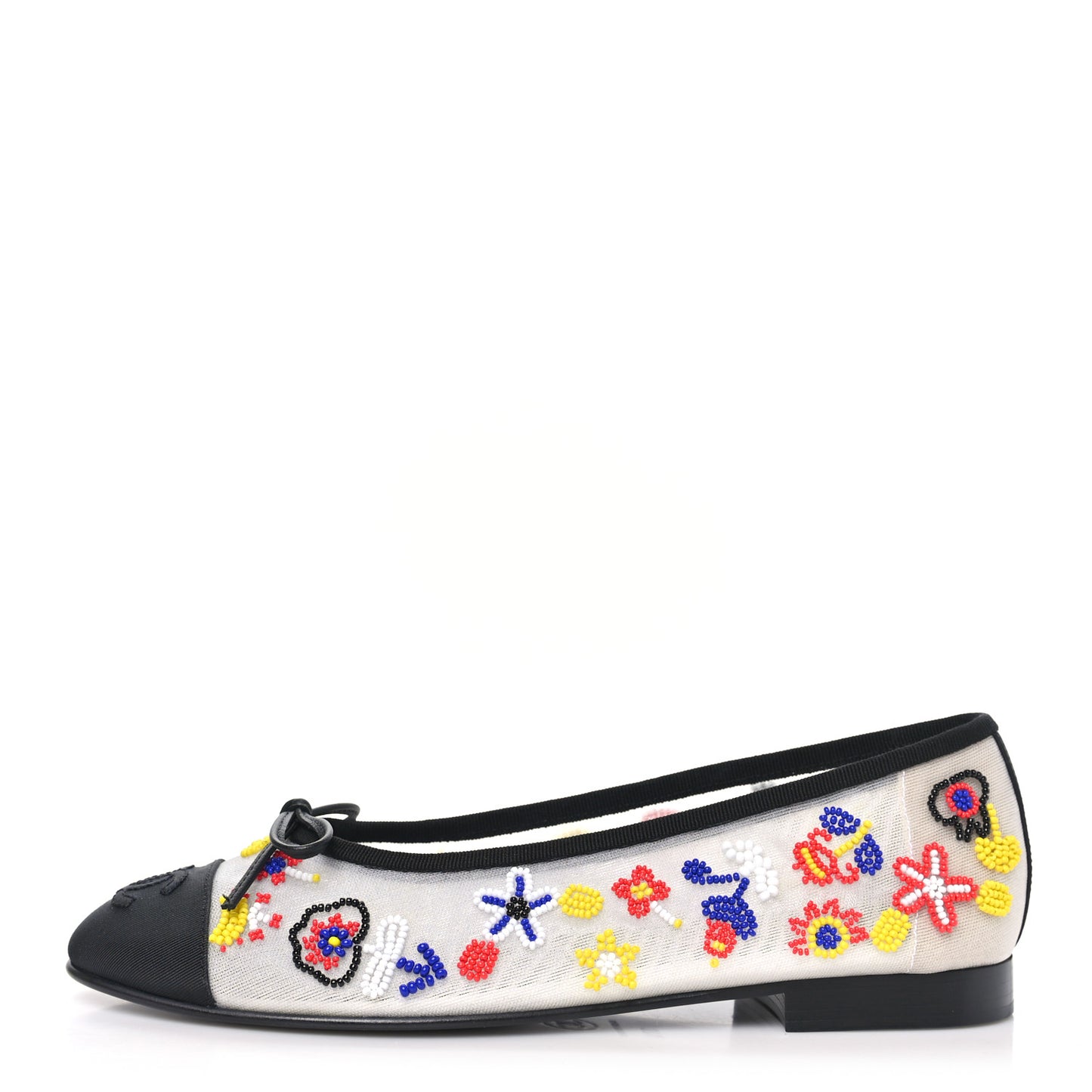 Mesh Pearl Grosgrain Cap Toe CC Coco Beach Ballerina Flats 37.5 Multicolor Black