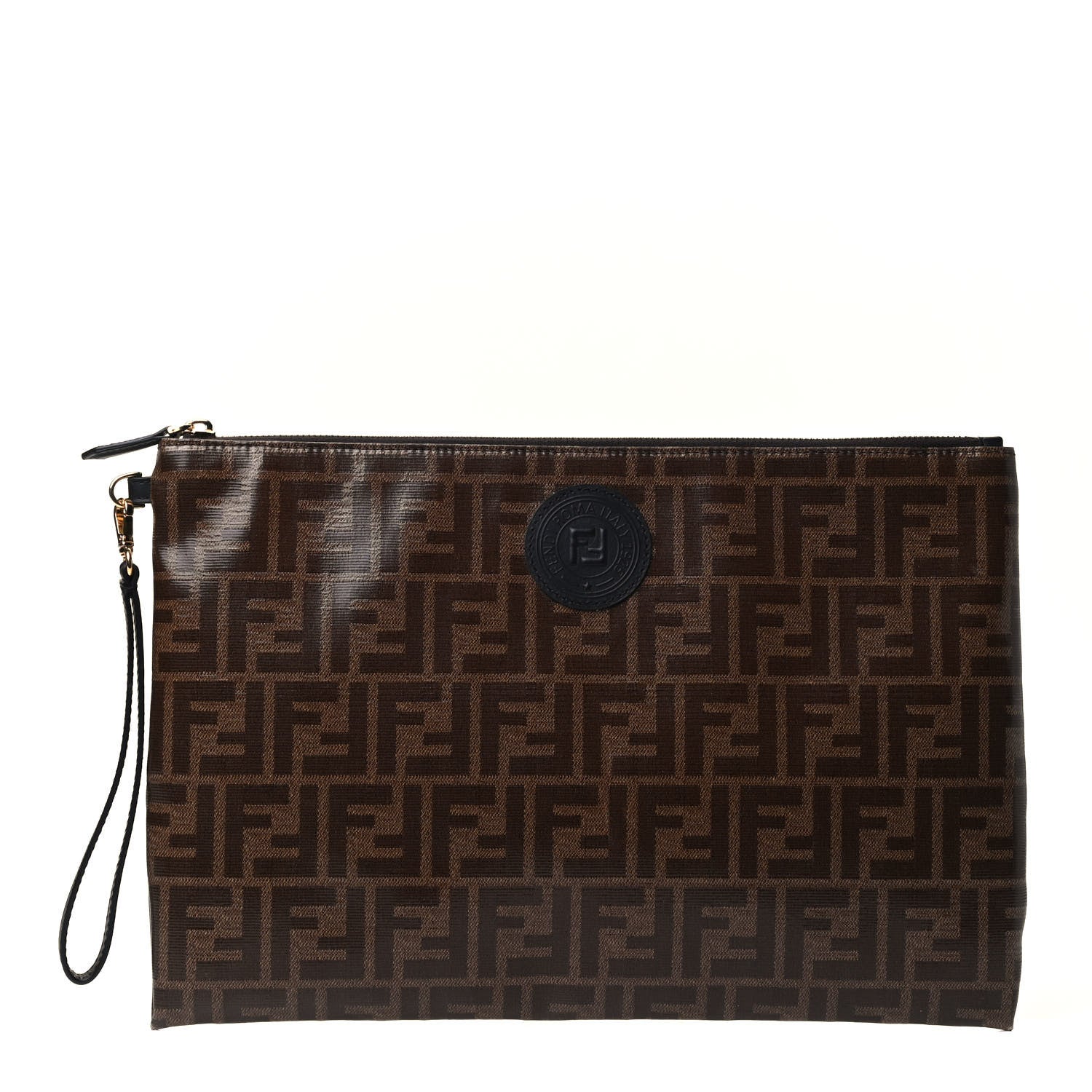 Fendi Glazed Fabric Vitello Century FF 1974 Stamp Patch Large Flat Pouch Mogano Panna Black 1 of 4