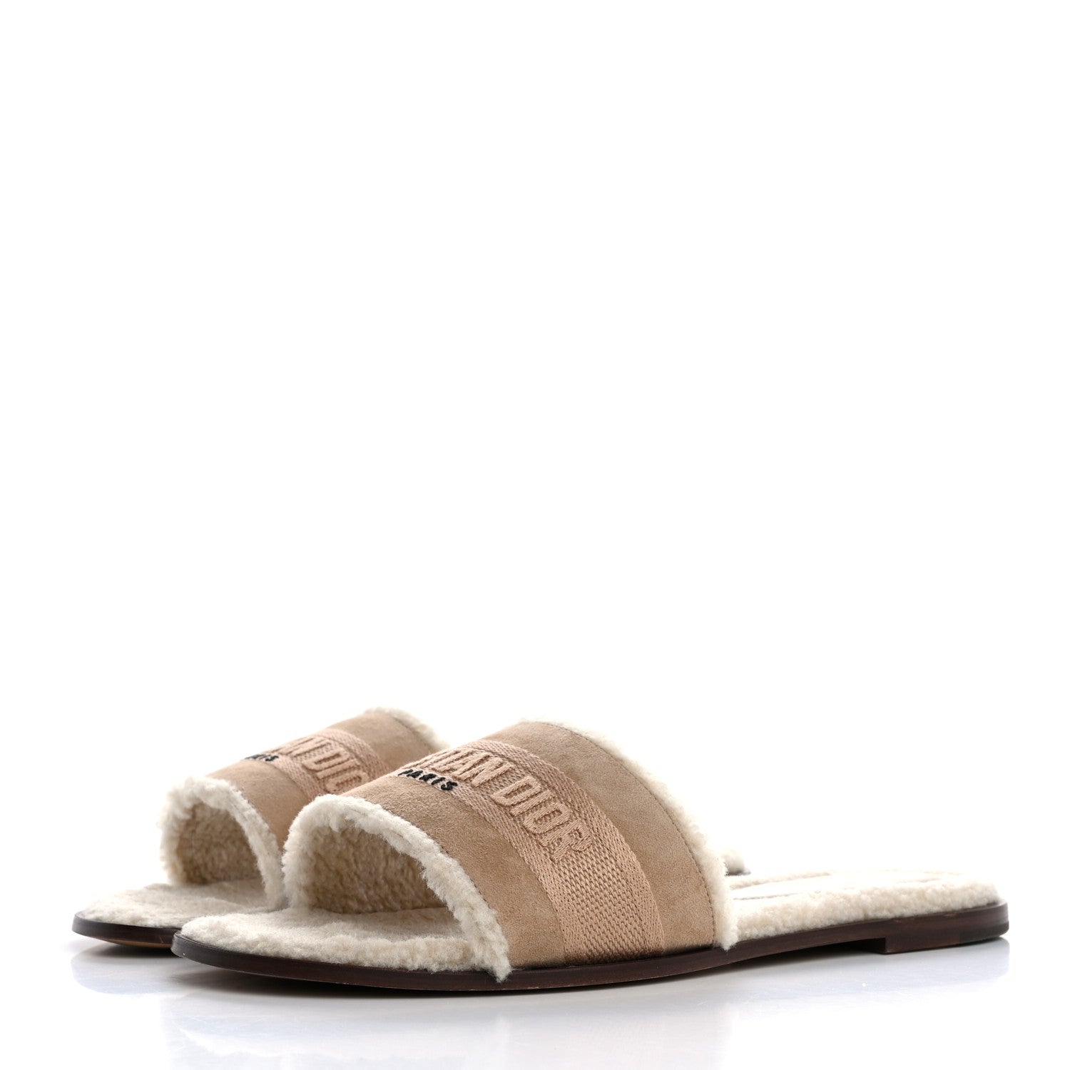 Christian Dior Suede Goatskin Shearling Embroidered Dway Slide Sandals 39 Cookie 4 of 11