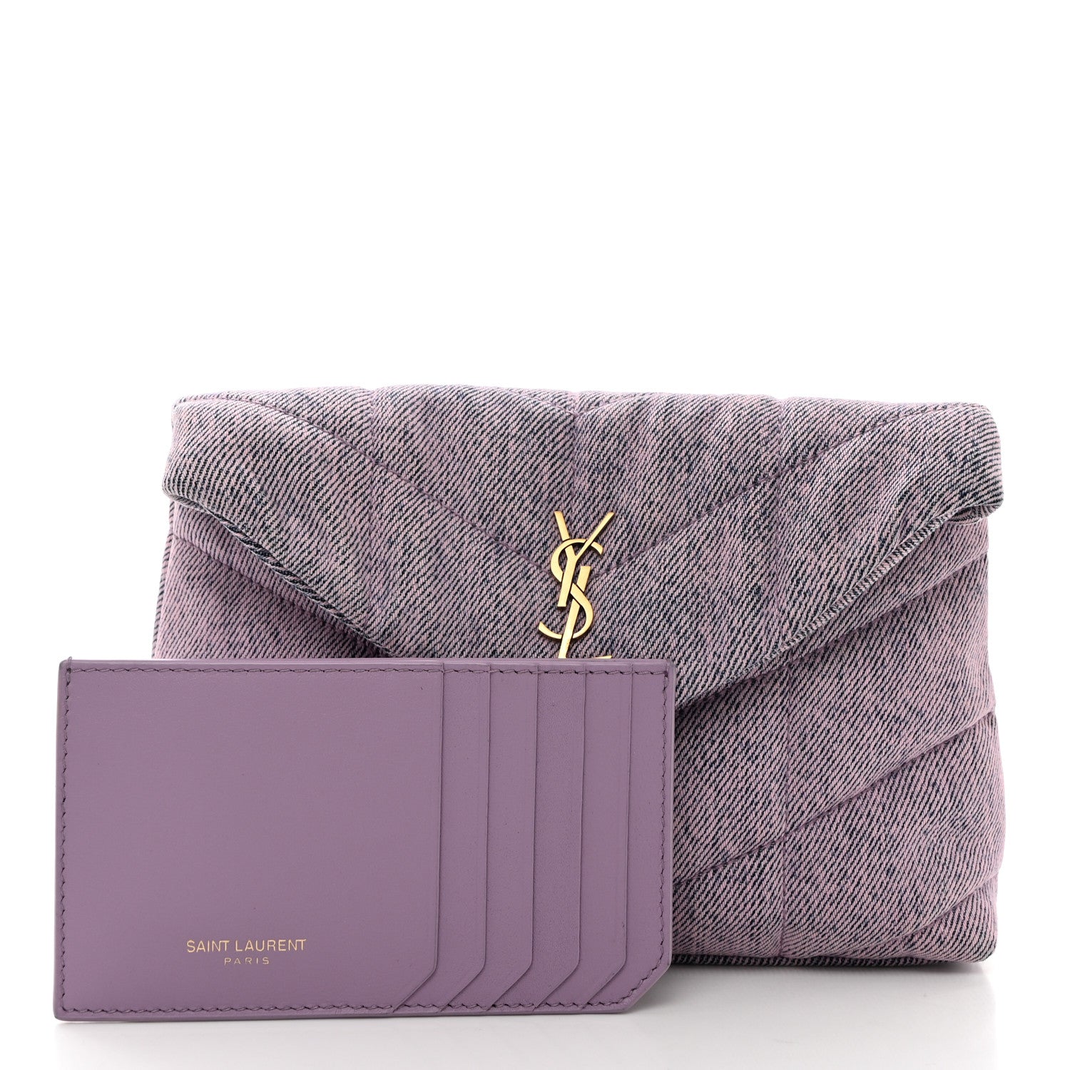 Saint Laurent Denim Quilted Loulou Puffer Monogram Pouch Clutch Bleached Lilac 3 of 8