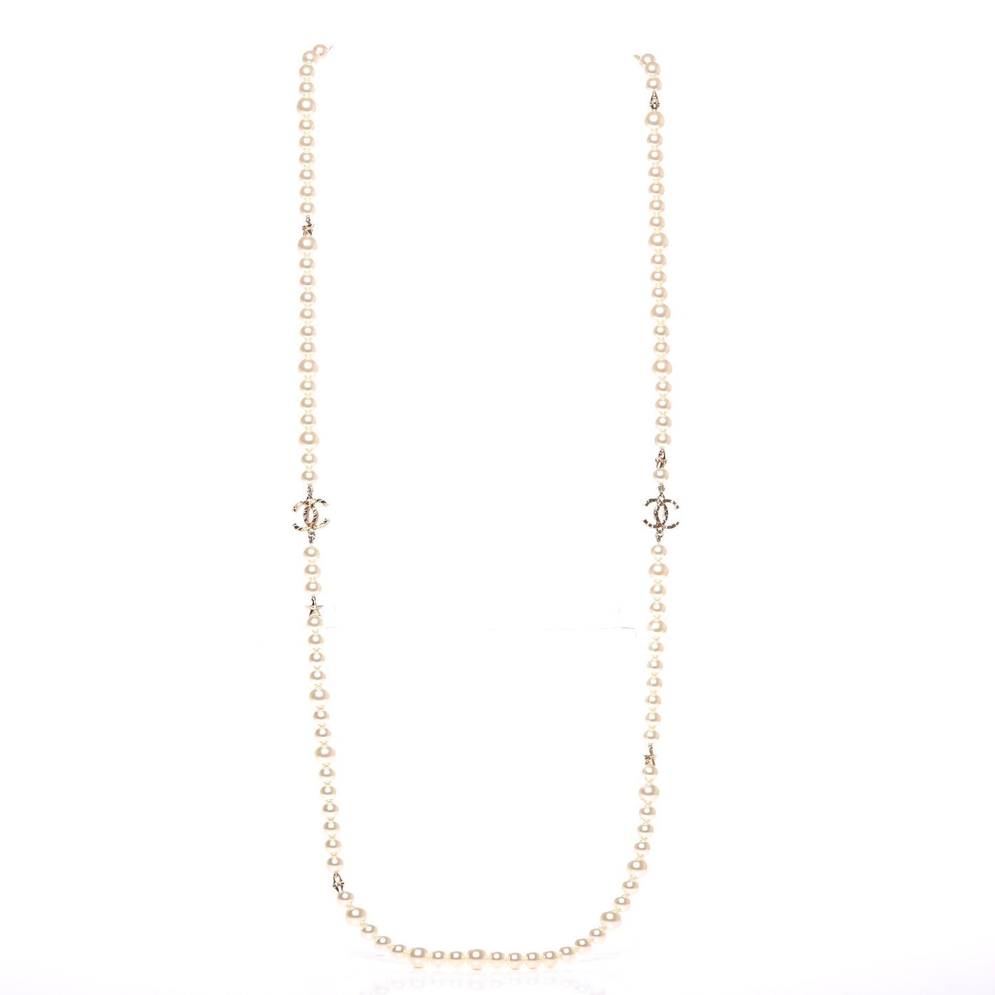 Graduated Pearl Studded CC Star Long Necklace Gold