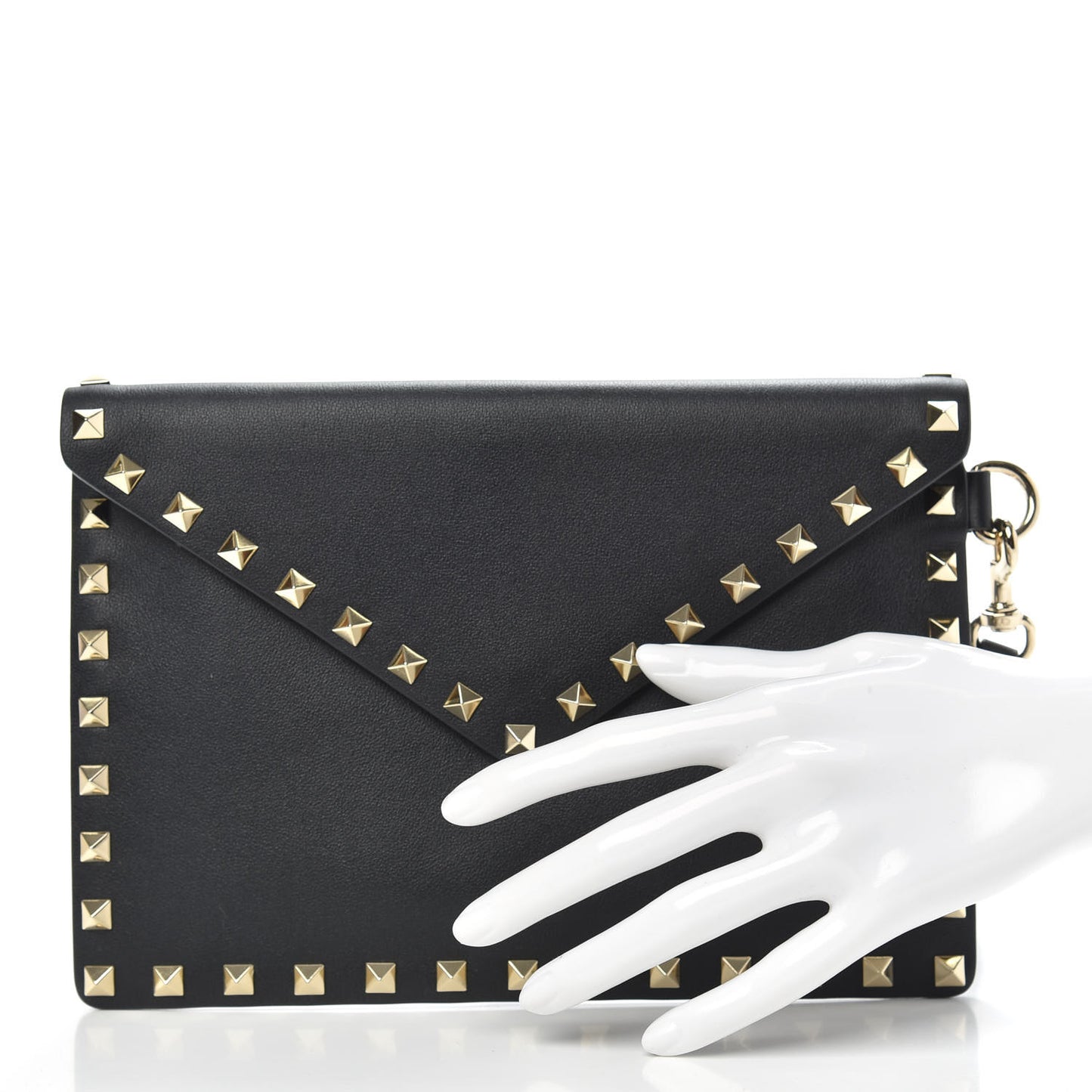 Vitello Medium Rockstud Envelope Flat Wristlet Pouch Black