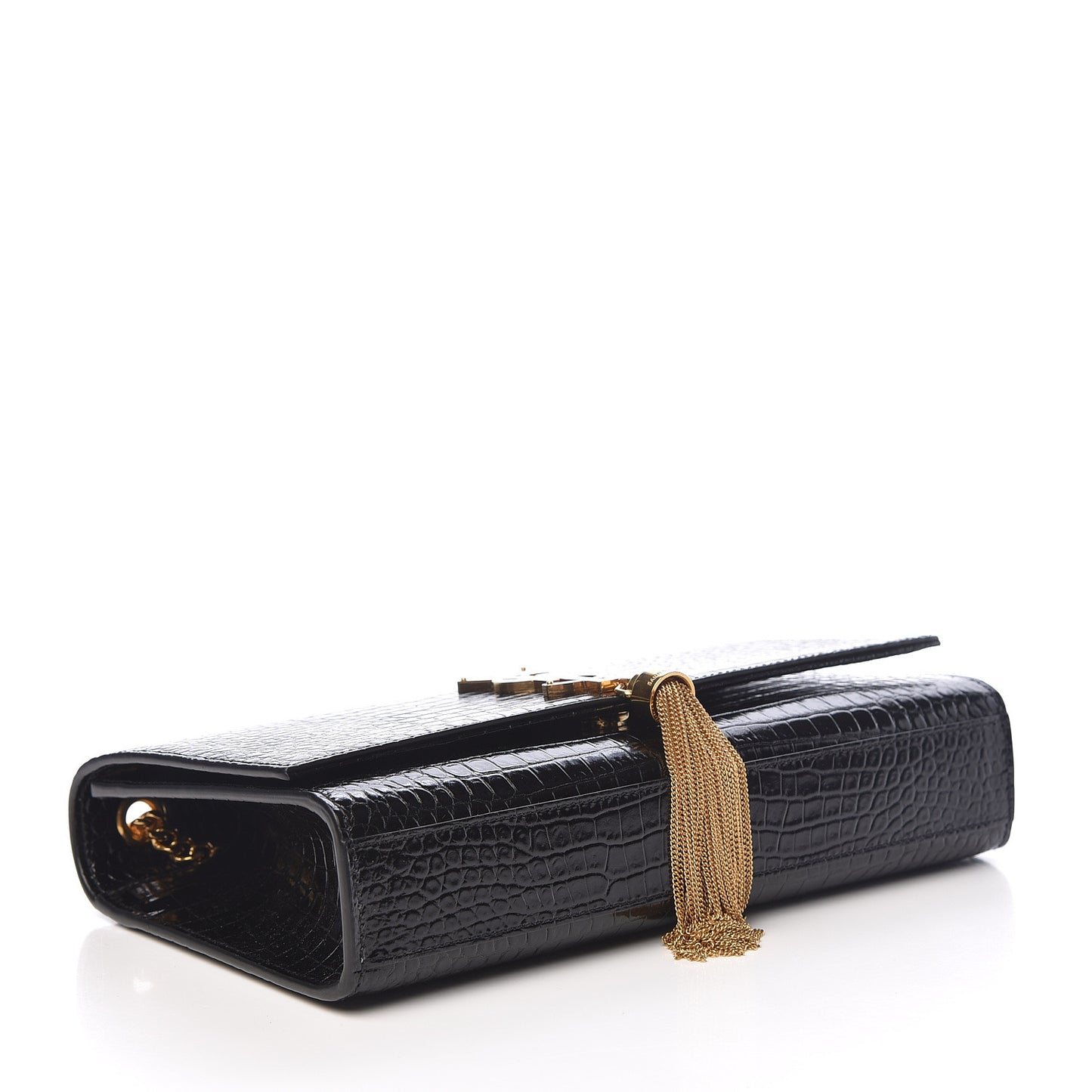 Calfskin Crocodile Embossed Medium Classic Monogram Kate Tassel Satchel Black