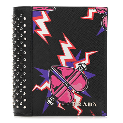 Prada X UNIVERSAL STUDIOS Saffiano Frankenstein Heart Studded Bi-Fold Wallet Fuxia 1 of 7