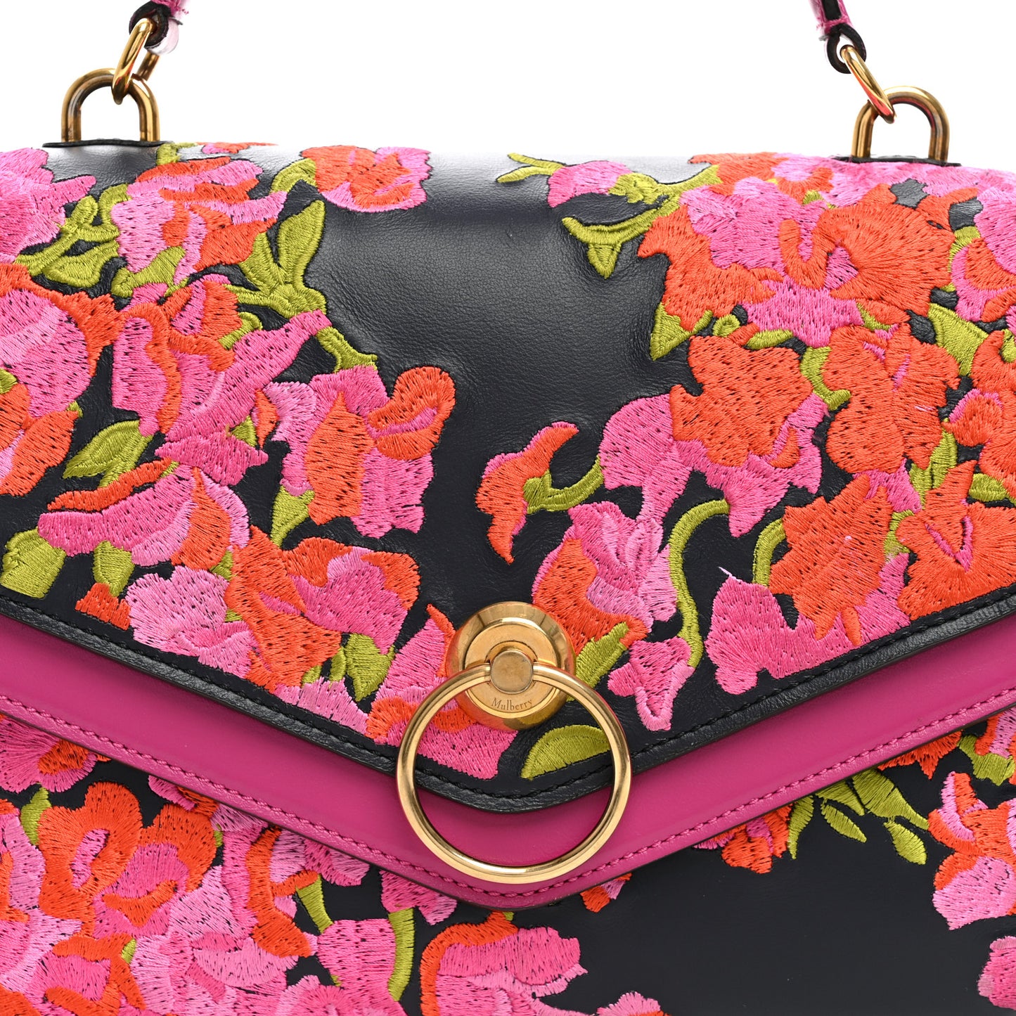 Smooth Calfskin Embroidered Floral Harlow Satchel Navy Multicolor
