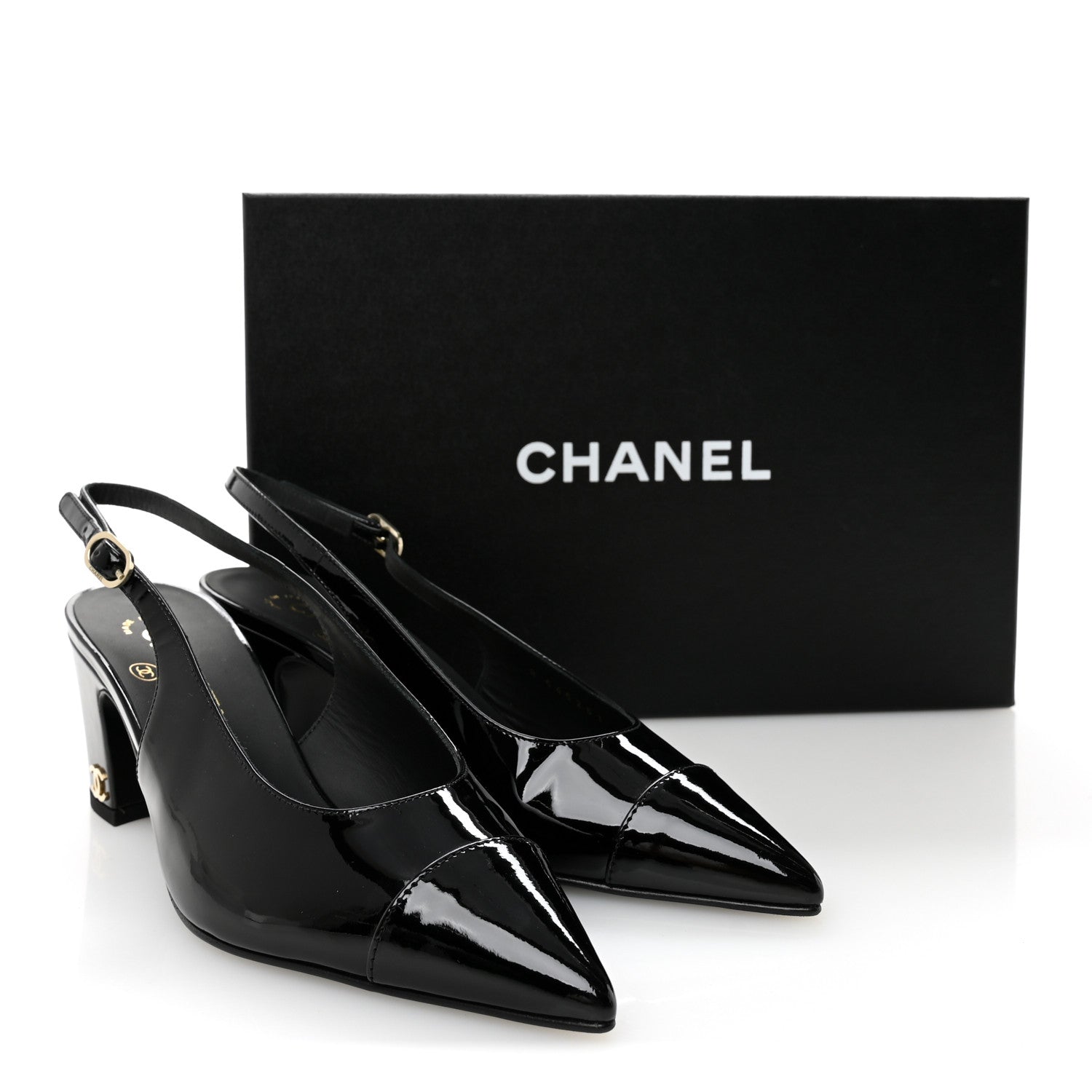 Chanel Patent Calfskin Cap Toe CC Slingback Pumps 36.5 Black