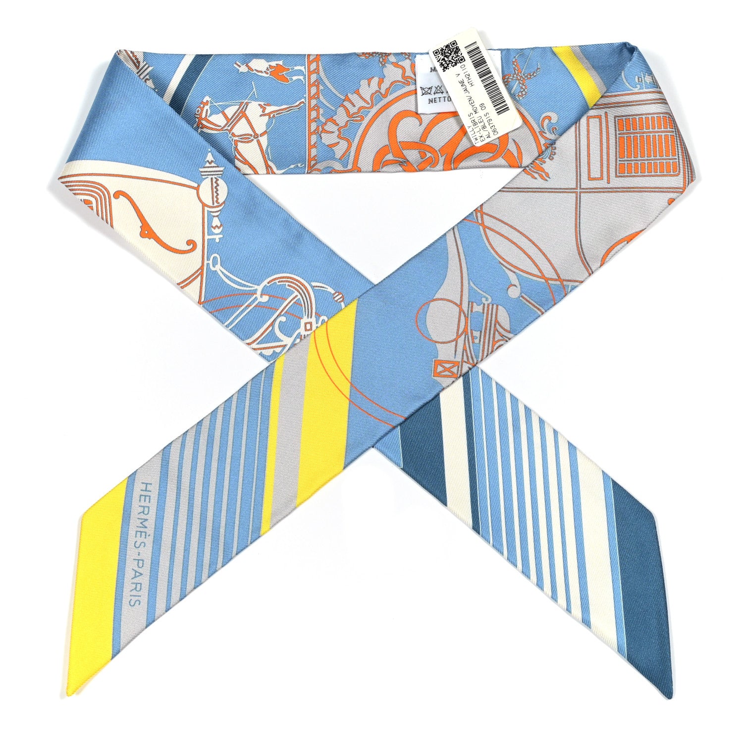 Hermes Silk Ex-Libris Sticker Twilly Bleu Moyen Jaune Vif 1 of 4