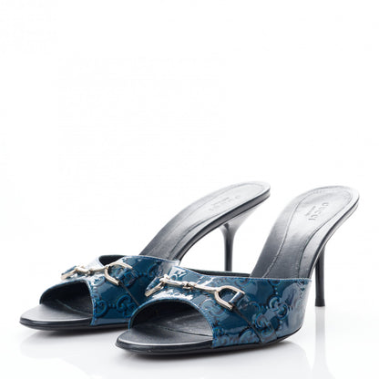 Gucci Patent Guccissima Horsebit Mid Heel Slides 38.5 Royal Blu 3 of 8