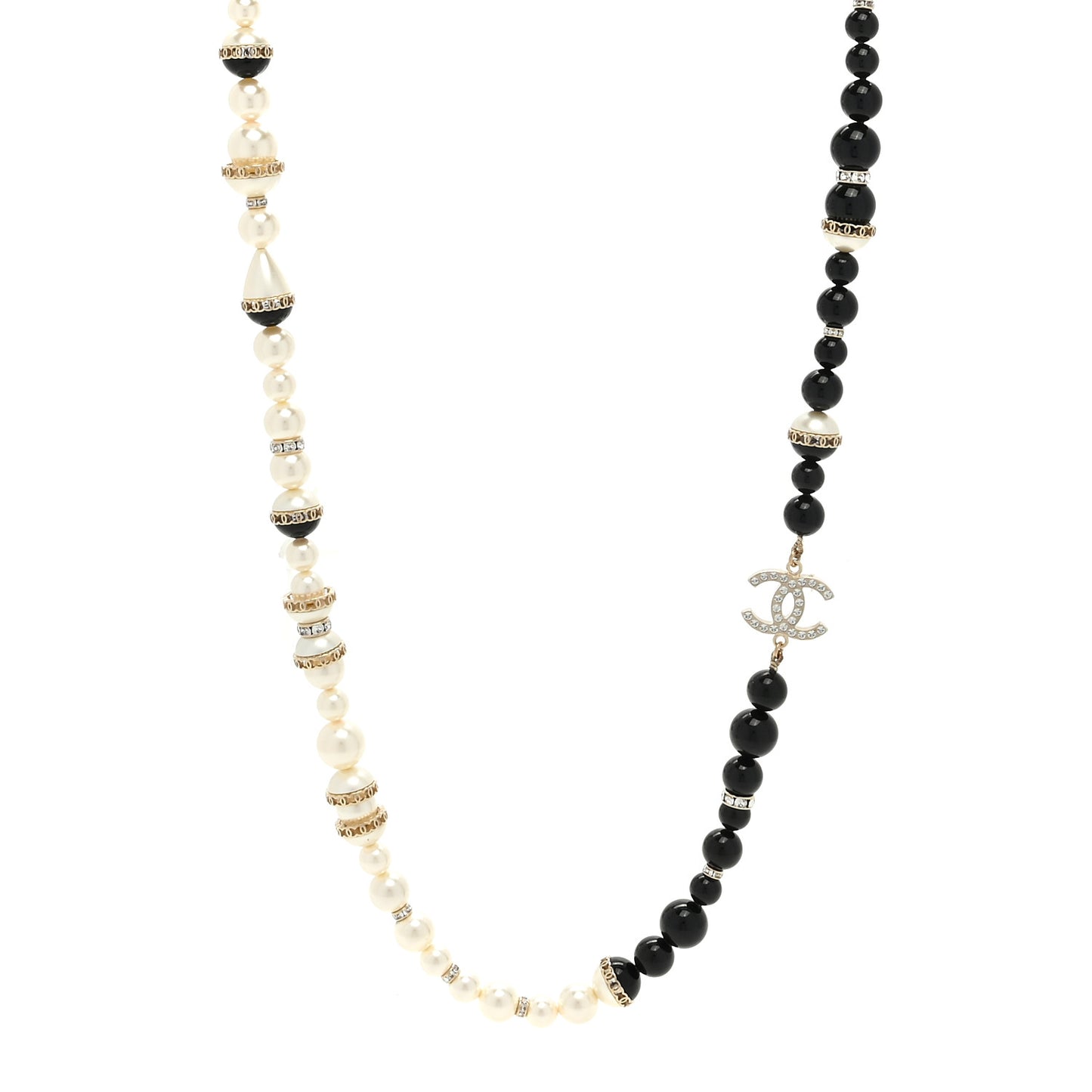 Pearl Beaded Crystal CC Long Necklace Gold Black White