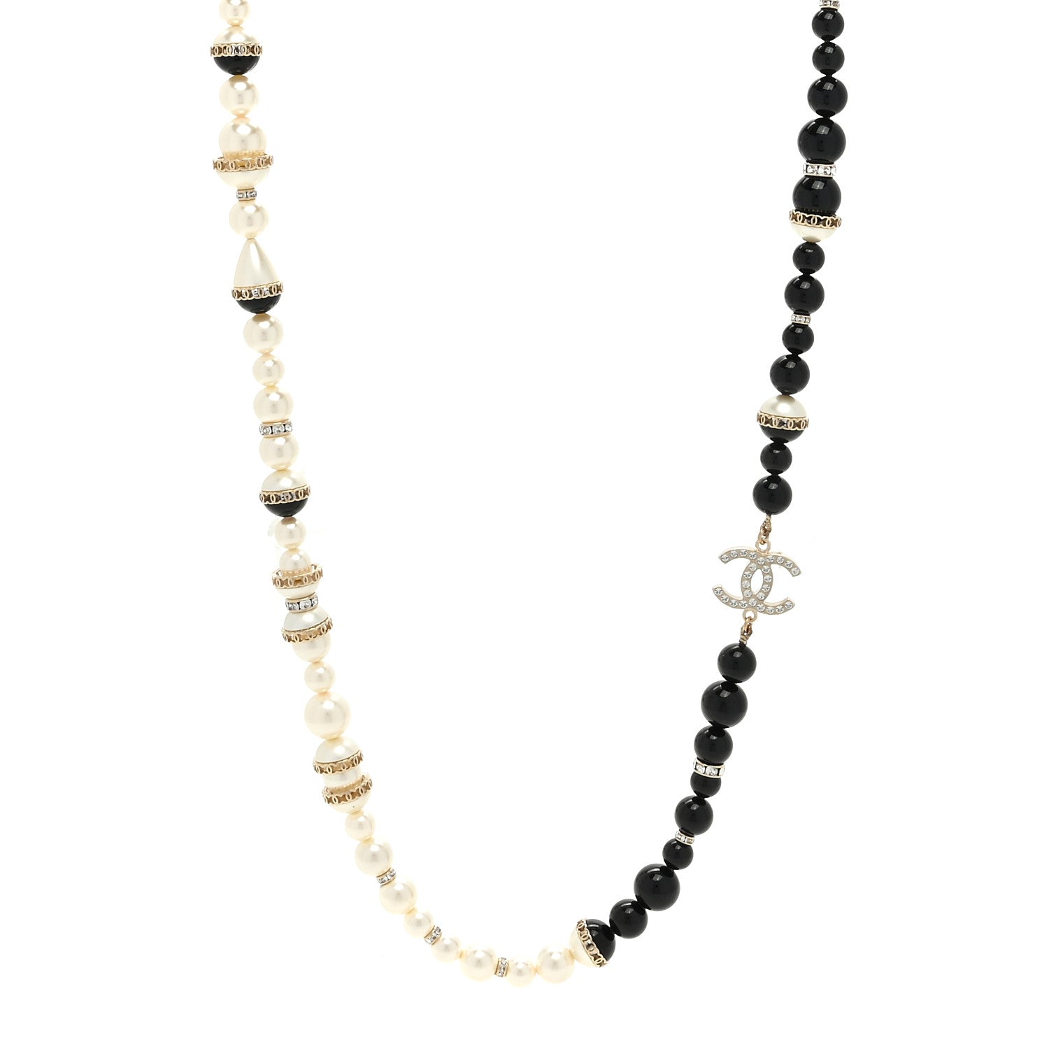 Chanel Pearl Beaded Crystal CC Long Necklace Gold Black White 1 of 4