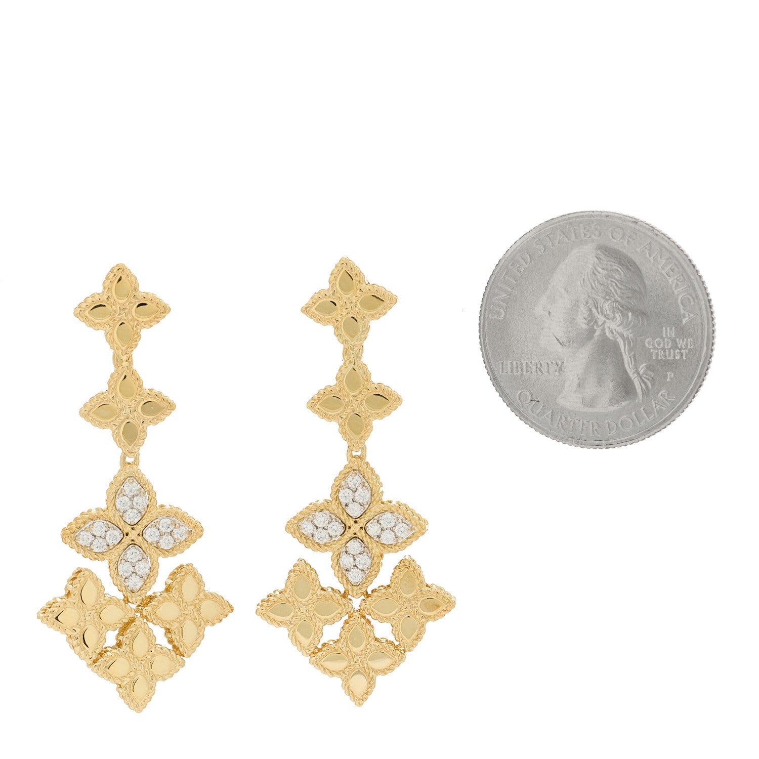 Roberto Coin 18K Yellow White Gold Diamond Princess Flower Drop Clip On Earrings 2 of 4