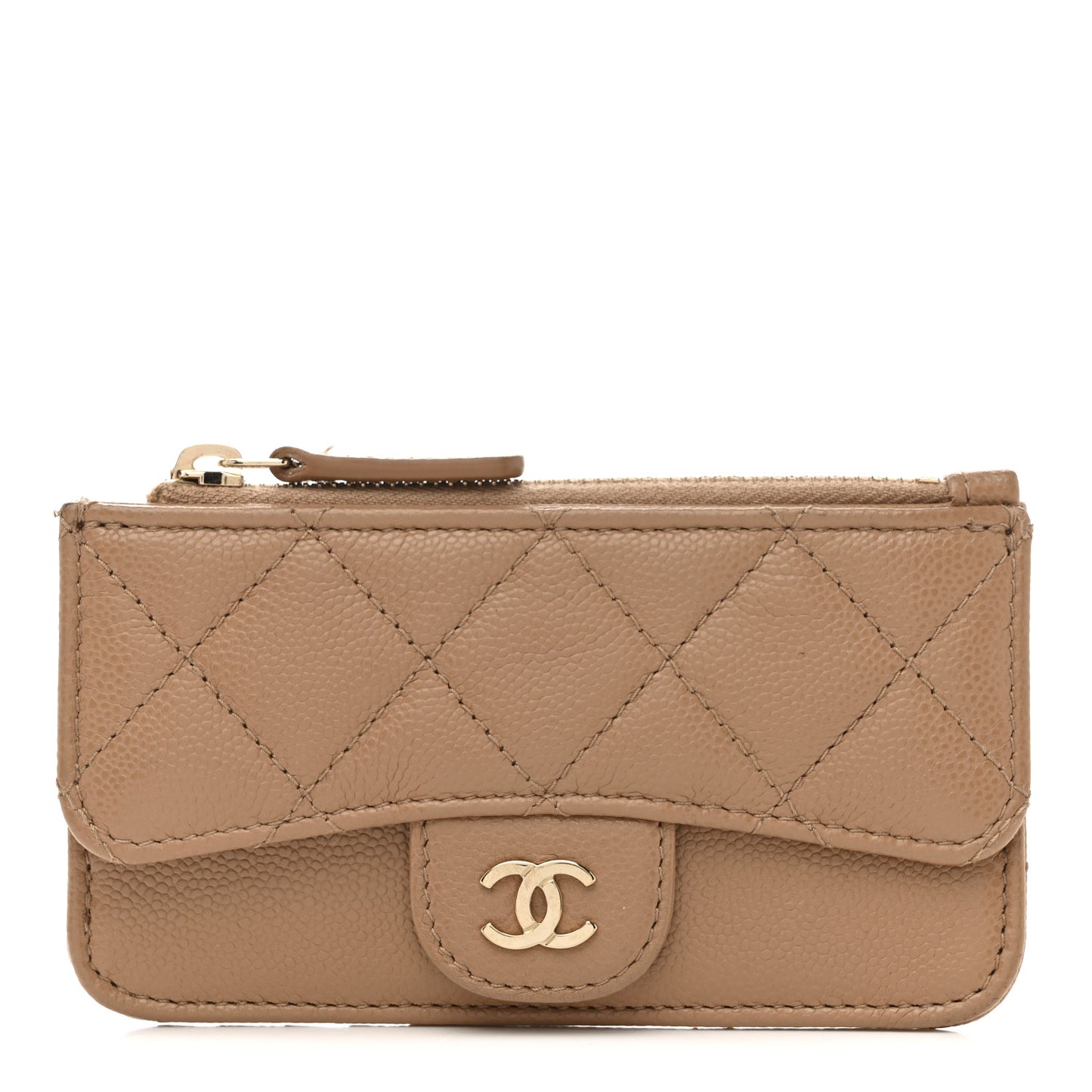 Caviar Quilted Flap Zip Card Holder Dark Beige