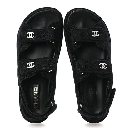 Chanel Suede Calfskin Glitter Crystal Velcro Dad Sandals 40 Black 2 of 9