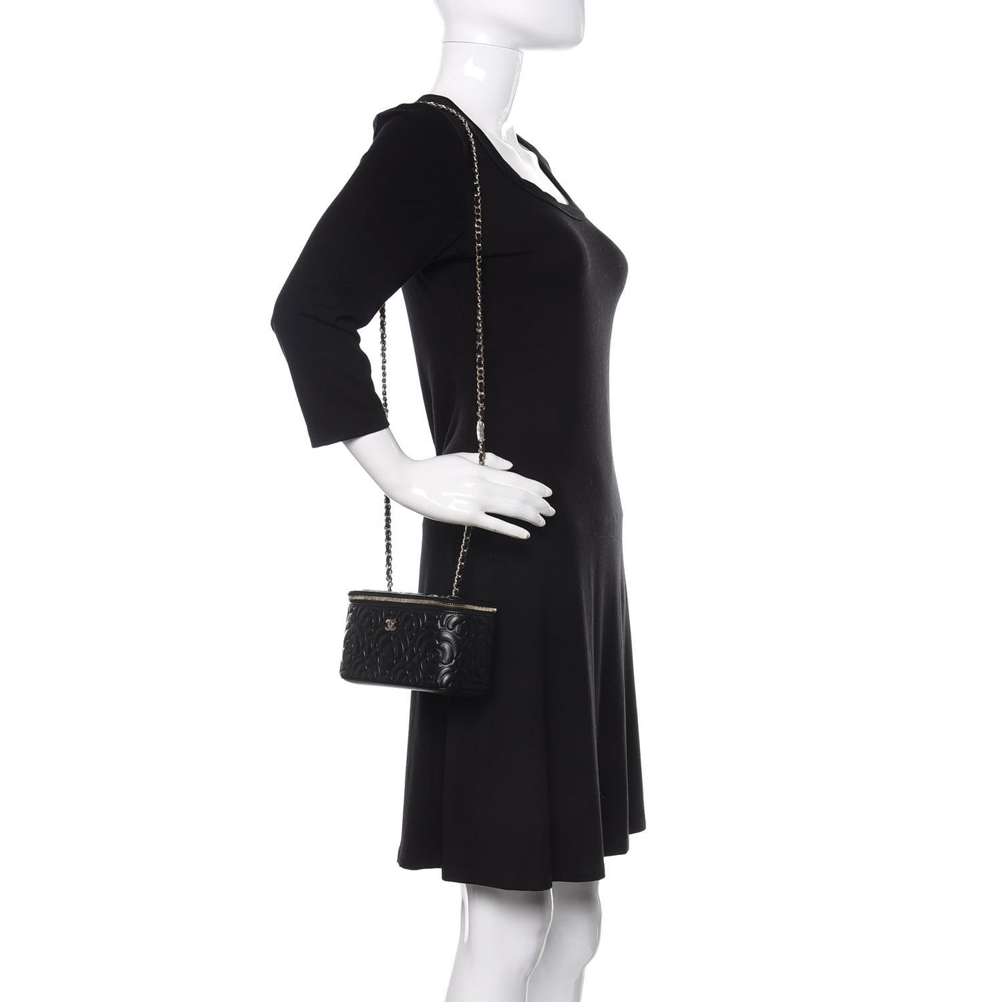 Lambskin Camellia Embossed Small Vanity Case With Chain Black