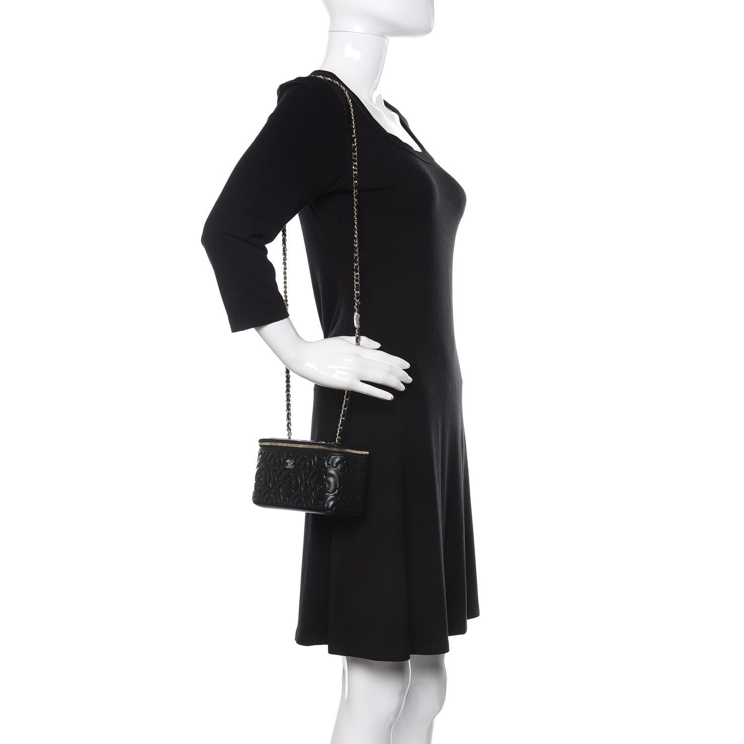 Chanel Lambskin Camellia Embossed Small Vanity Case With Chain Black 2 of 11