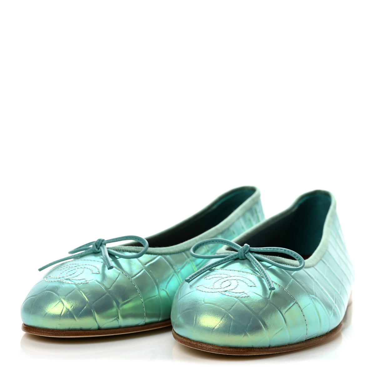 Chanel Iridescent Calfskin Crocodile Embossed Ballerina Flats 39.5 Green 4 of 10