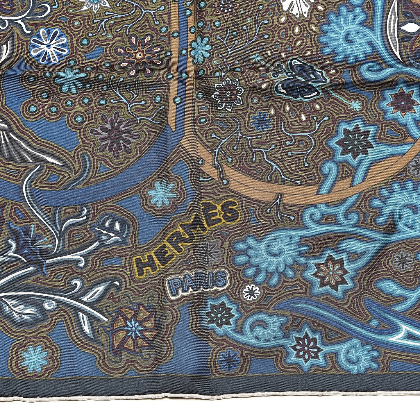 Silk L'Arbre Du Vent Scarf 90 Ardoise Creme Kaki Clair