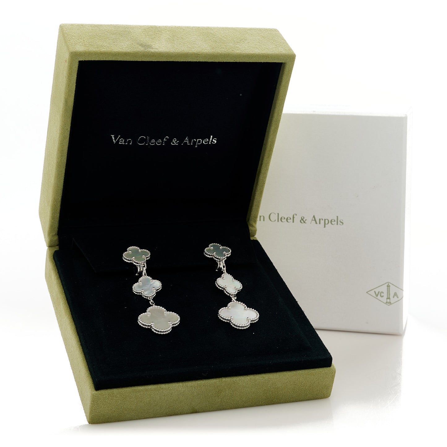 18K White Gold Mother of Pearl 3 Motifs Magic Alhambra Earrings