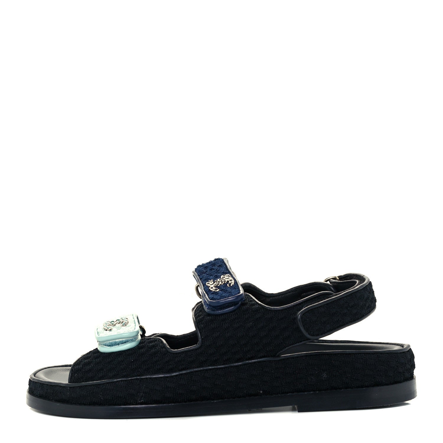 Chanel Knit Fabric Velcro Dad Sandals 39 Black Dark Blue Light Blue 1 of 12
