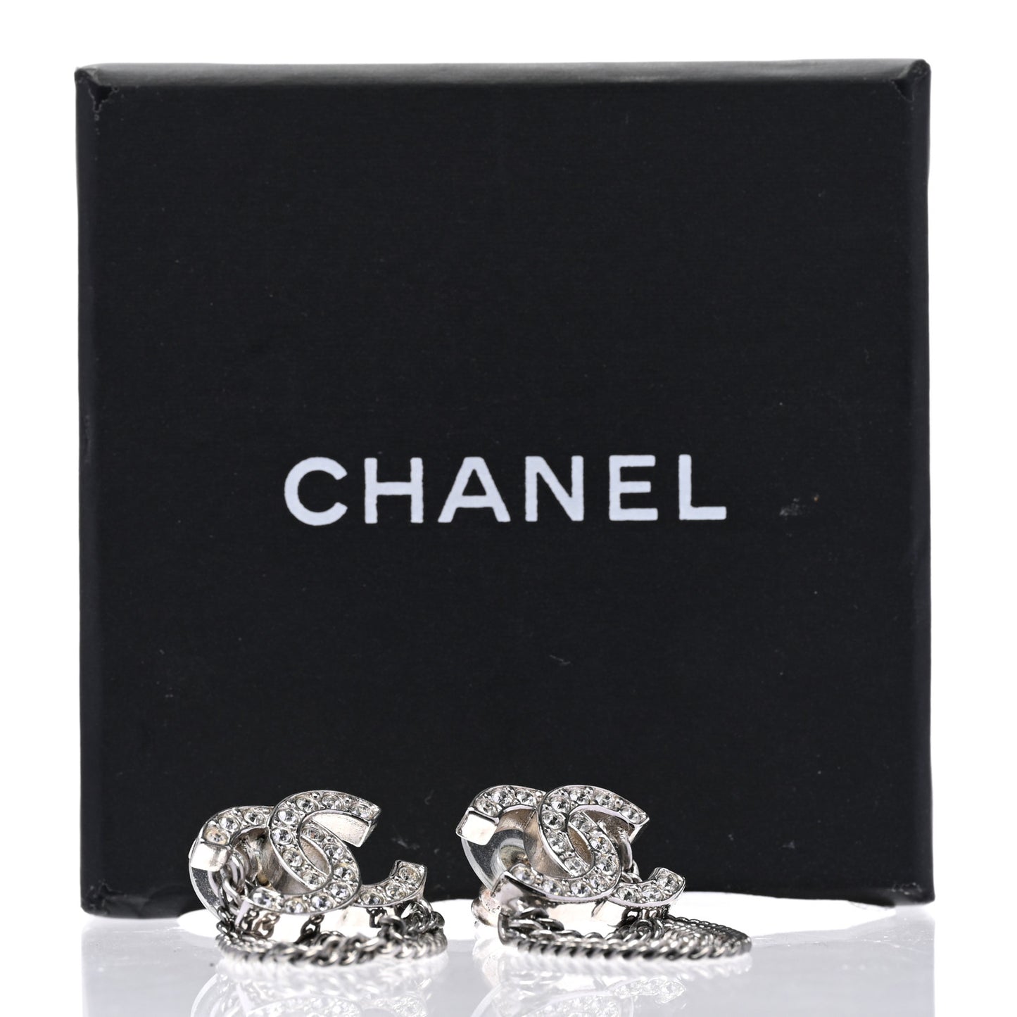 Crystal Chain CC Earrings Silver