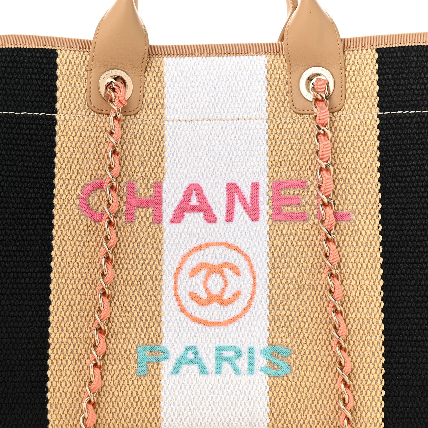 Chanel Straw Raffia Calfskin Striped Medium Deauville Tote Black Beige Ivory 8 of 10