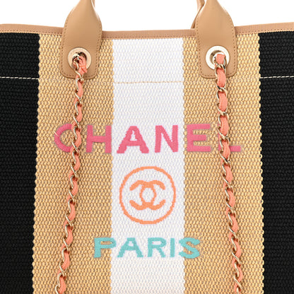 Chanel Straw Raffia Calfskin Striped Medium Deauville Tote Black Beige Ivory 8 of 10