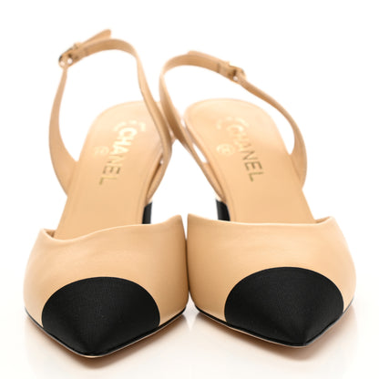 Chanel Goatskin Grosgrain Cap Toe CC Slingback Pumps 40.5 Beige Black 2 of 8