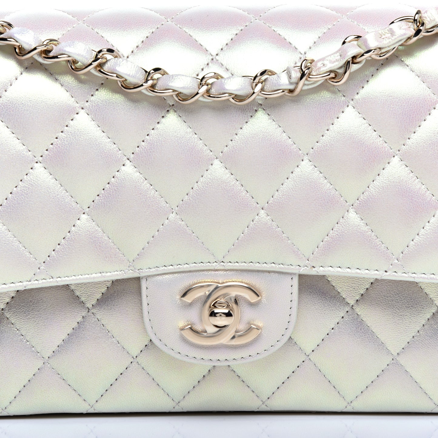 Iridescent Lambskin Quilted Medium Double Flap Ivory