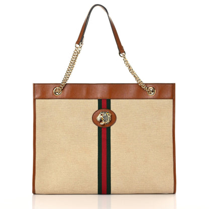 Gucci Vintage Canvas Calfskin Web Large Rajah Chain Tote Sand Light Cuir 3 of 12