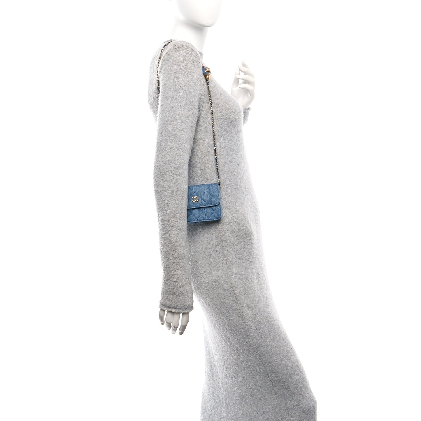 Denim Quilted CC Pearl Crush Clutch With Chain Blue