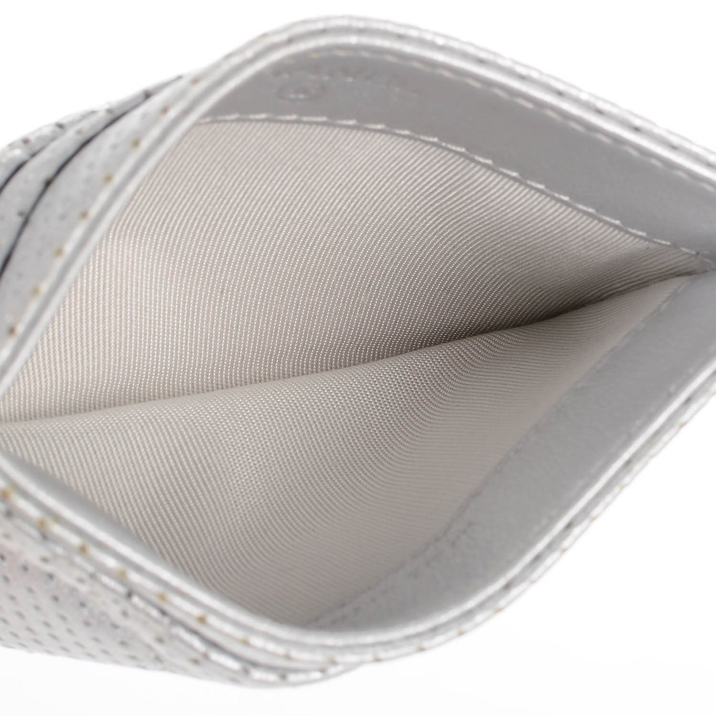 Perforated Lambskin Quilted Card Holder Light Silver