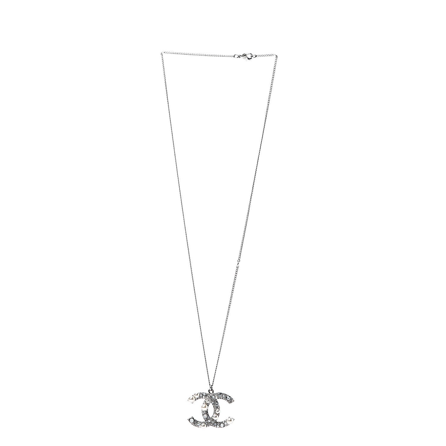 Pearl Crystal CC Pendant Necklace Silver
