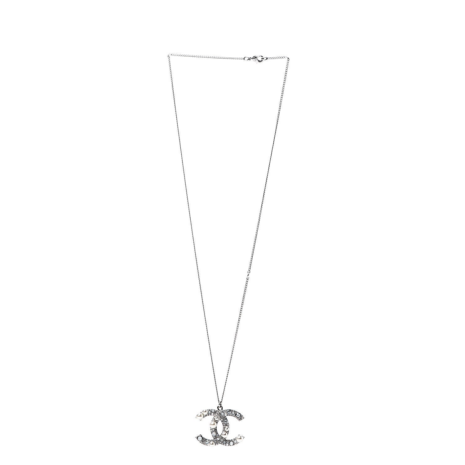 Chanel Pearl Crystal CC Pendant Necklace Silver 2 of 5