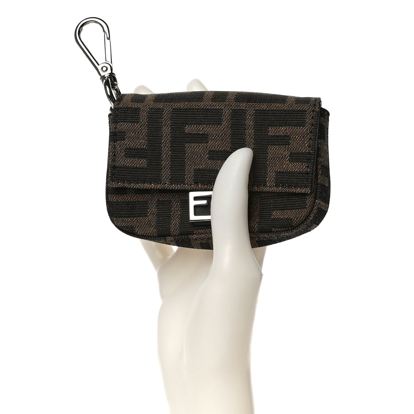 Recycled Fabric Jacquard Vitello Grace FF 1974 Nano Baguette Charm Tobacco Moro Black