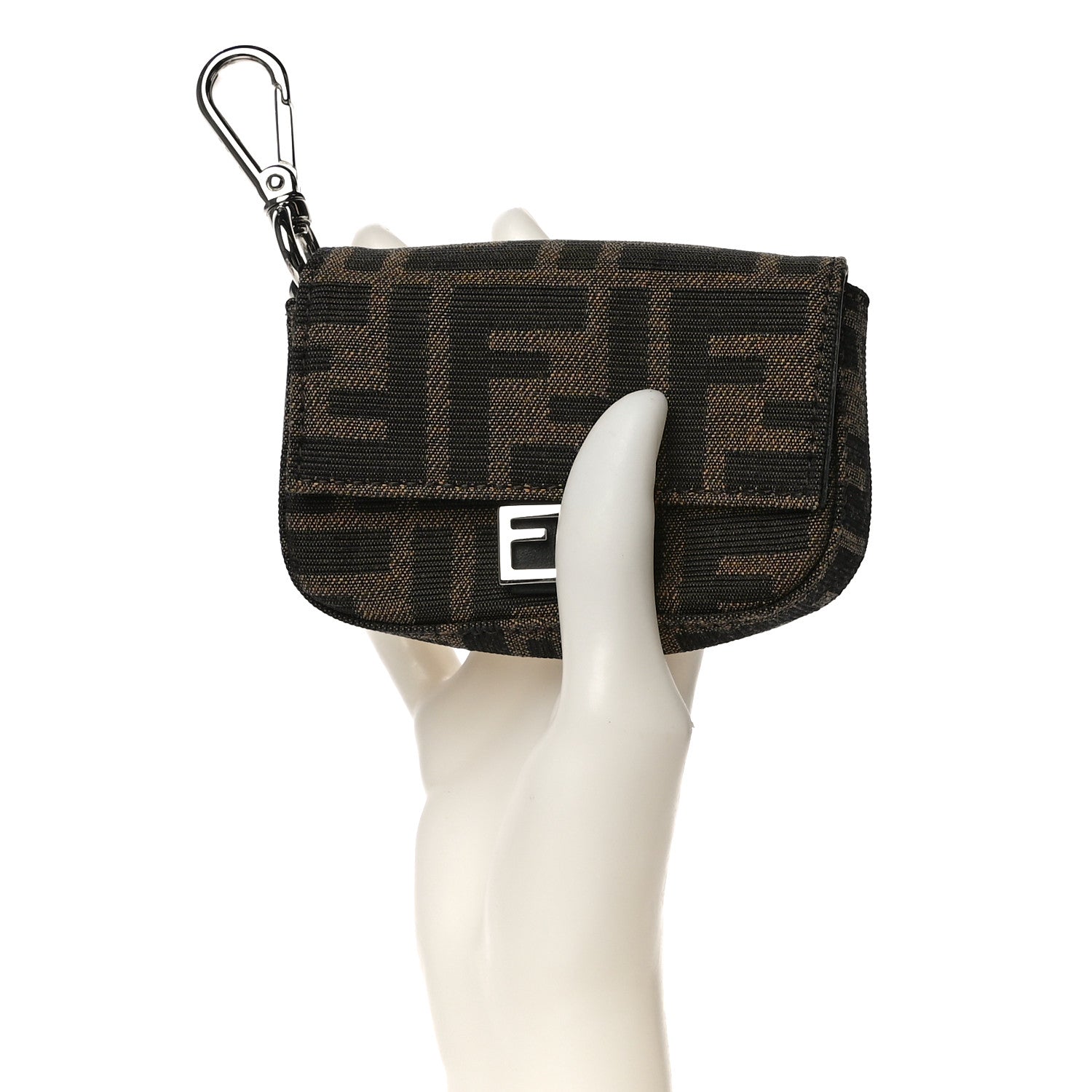 Fendi Recycled Fabric Jacquard Vitello Grace FF 1974 Nano Baguette Charm Tobacco Moro Black 2 of 10