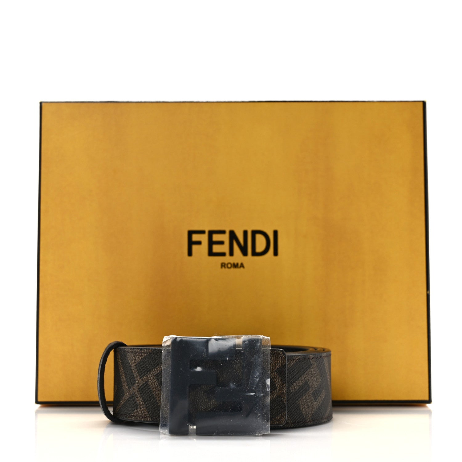 Fendi Cuoio Romano Glazed Fabric Enamel FF 1974 Reversible Belt 85 34 Black Tobacco 5 of 5