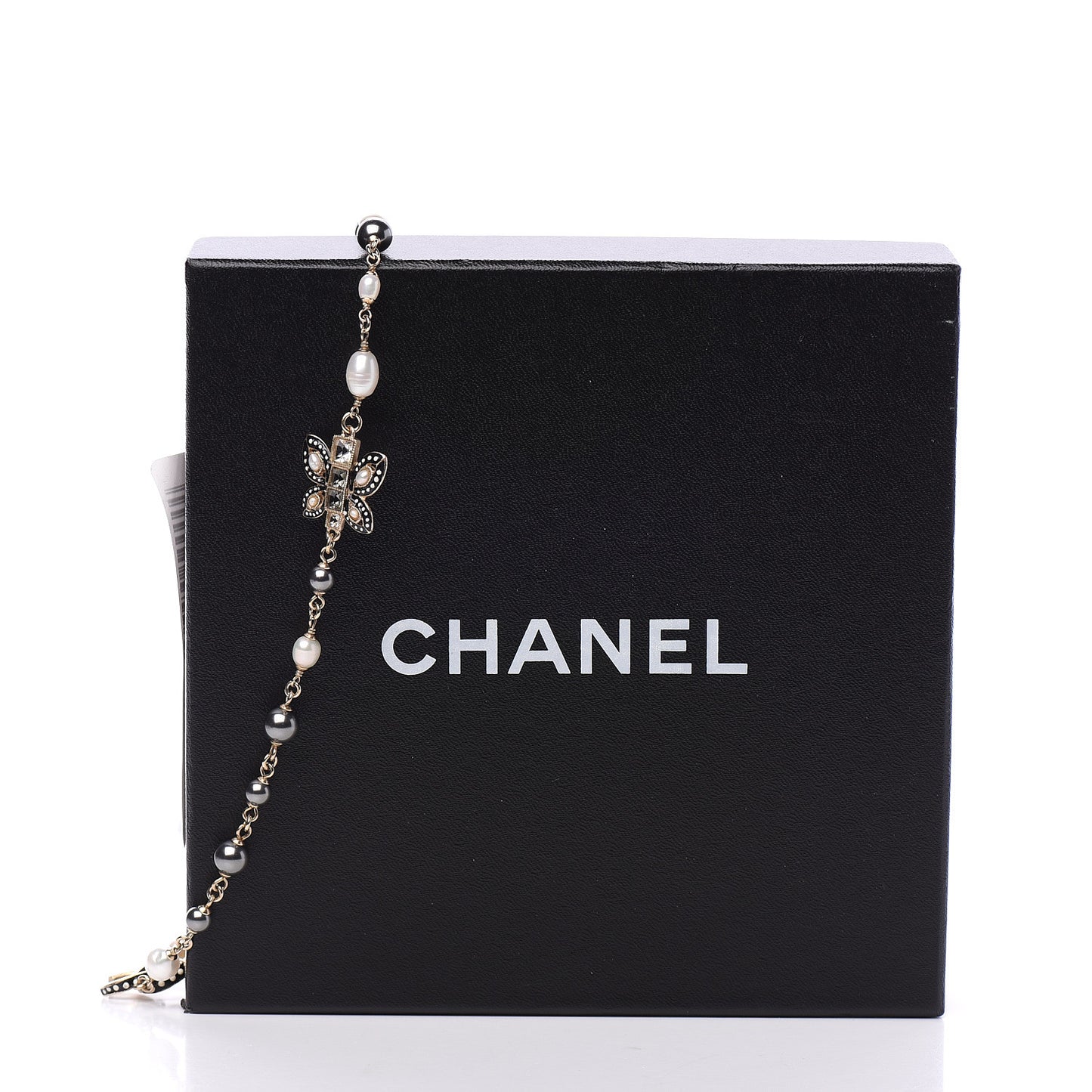 Enamel Crystal Graduated Pearl Butterfly CC Short Necklace Gold Black