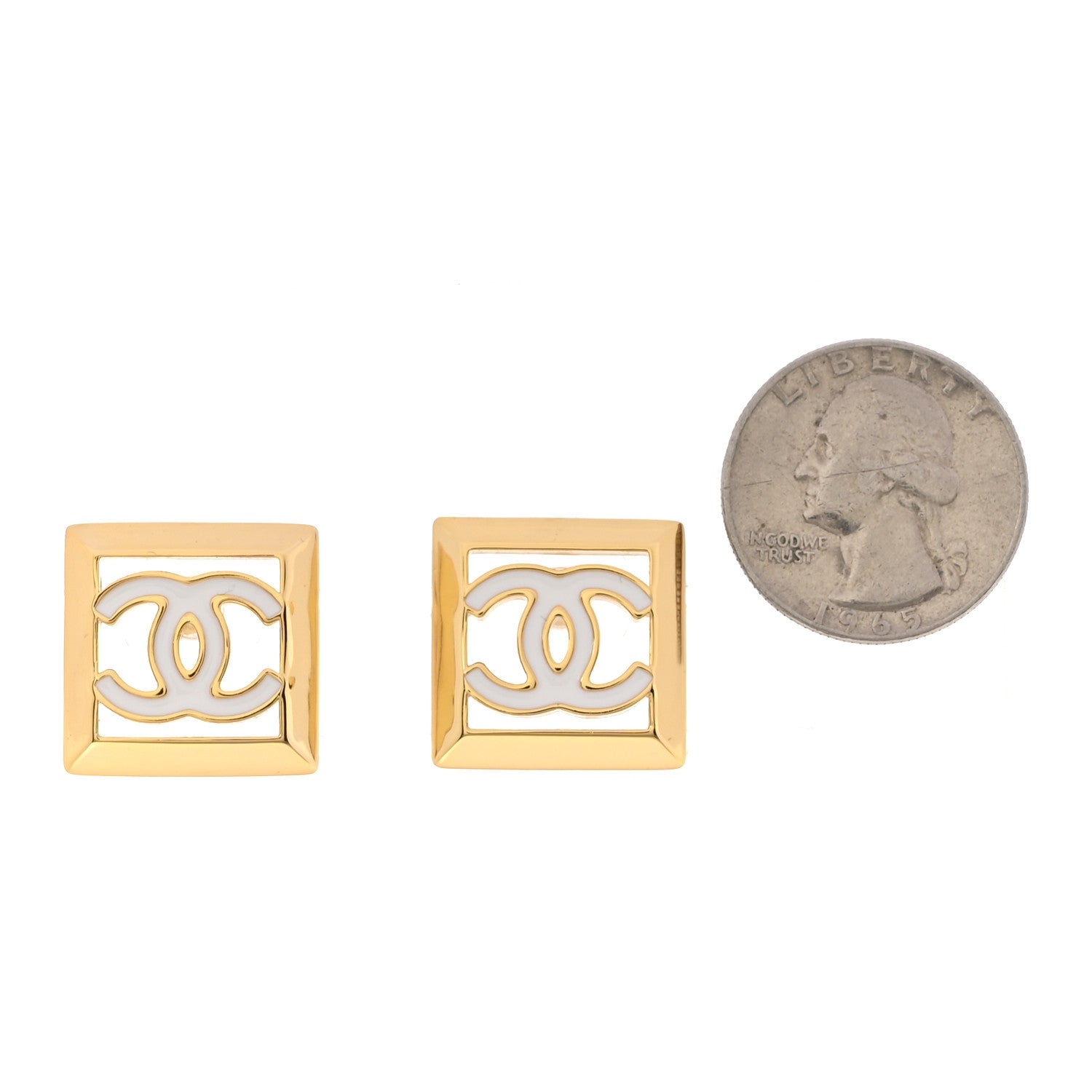 Chanel Metal Enamel CC Square Earrings Gold White 2 of 4