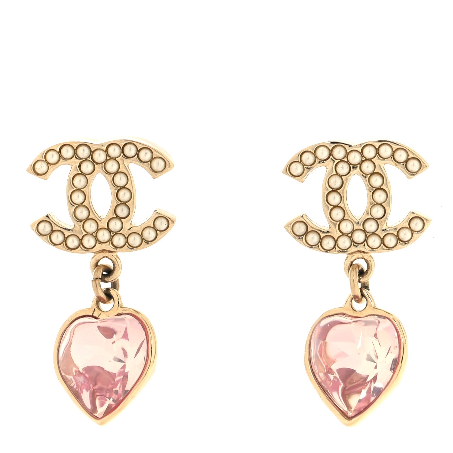 Chanel Crystal Pearl Heart CC Drop Earrings Pink Gold 1 of 4