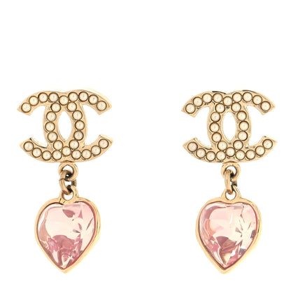 Chanel Crystal Pearl Heart CC Drop Earrings Pink Gold 1 of 4