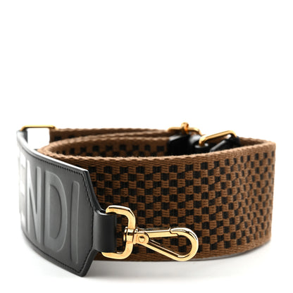 Fendi Ribbon Vitello King Logo Embossed Gingham Woven Adjustable Strap You Camel Black 1 of 5