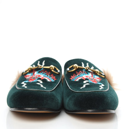 Gucci Velvet Fur Dragon Embroidered Mens Princetown Slippers 6 Zaffre Dark Zaffre 2 of 9