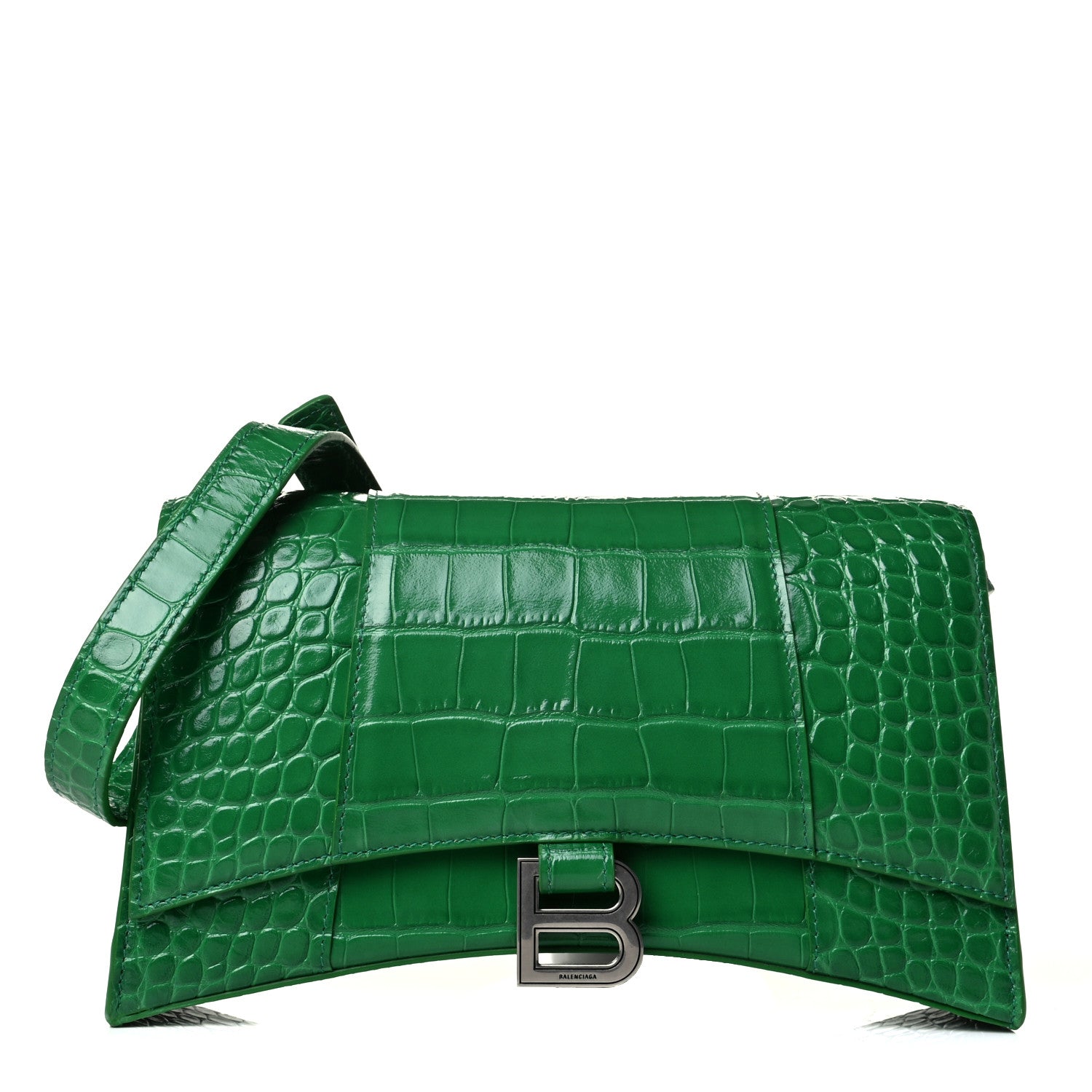 Balenciaga Shiny Calfskin Crocodile Embossed Small Hourglass Sling Shoulder Bag Leaf Green 1 of 4