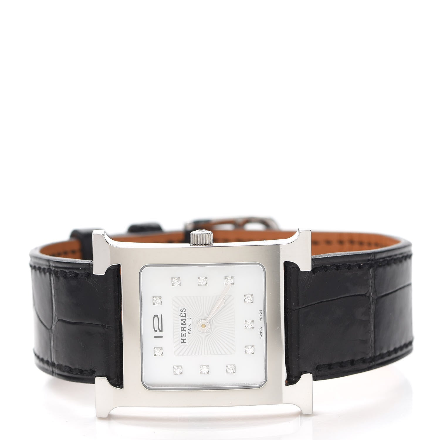 Hermes Stainless Steel Alligator Diamond Mother of Pearl 26mm Heure H Hour Quartz Watch Noir 2 of 5