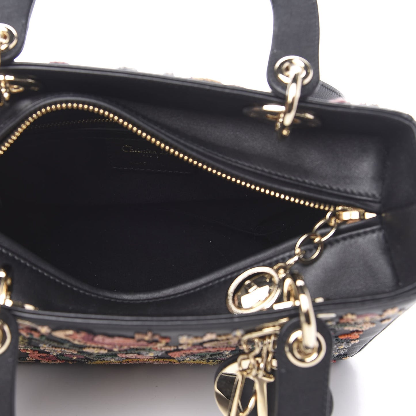 Smooth Calfskin Embroidered Beaded Floral Medium Lady Dior Black Multicolor