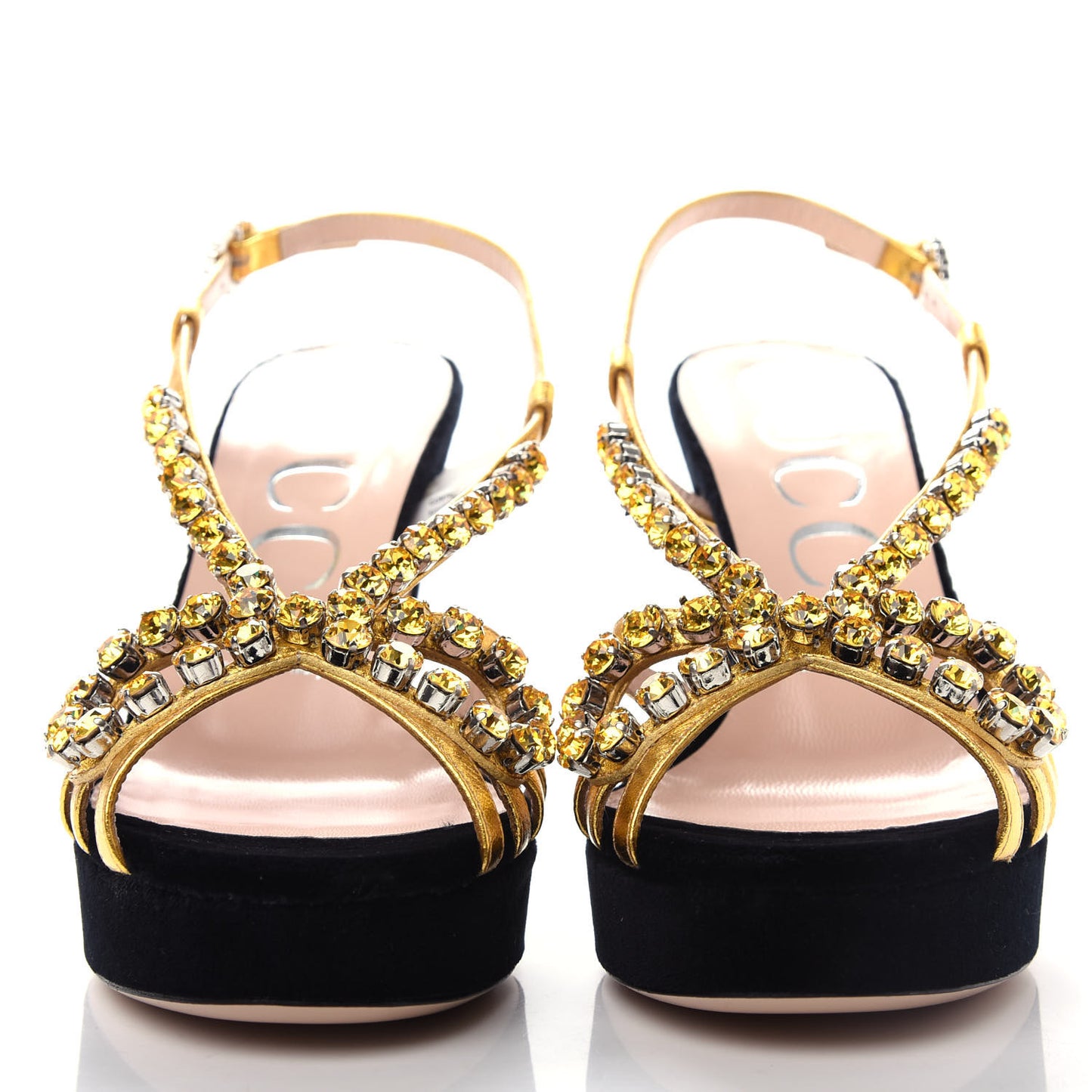 Velvet Nappa Crystal Zephyra Slingback Platform High Heel Sandals 37.5 Black Gold