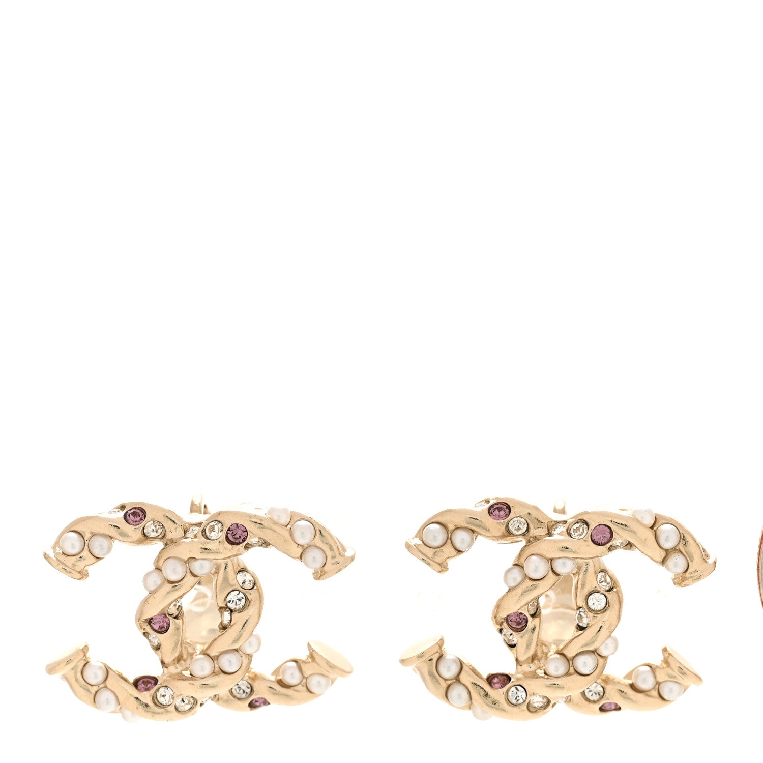 Chanel Metal Pearl Crystal Twisted CC Clip On Earrings Light Gold White Pink 1 of 4