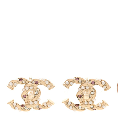 Chanel Metal Pearl Crystal Twisted CC Clip On Earrings Light Gold White Pink 1 of 4