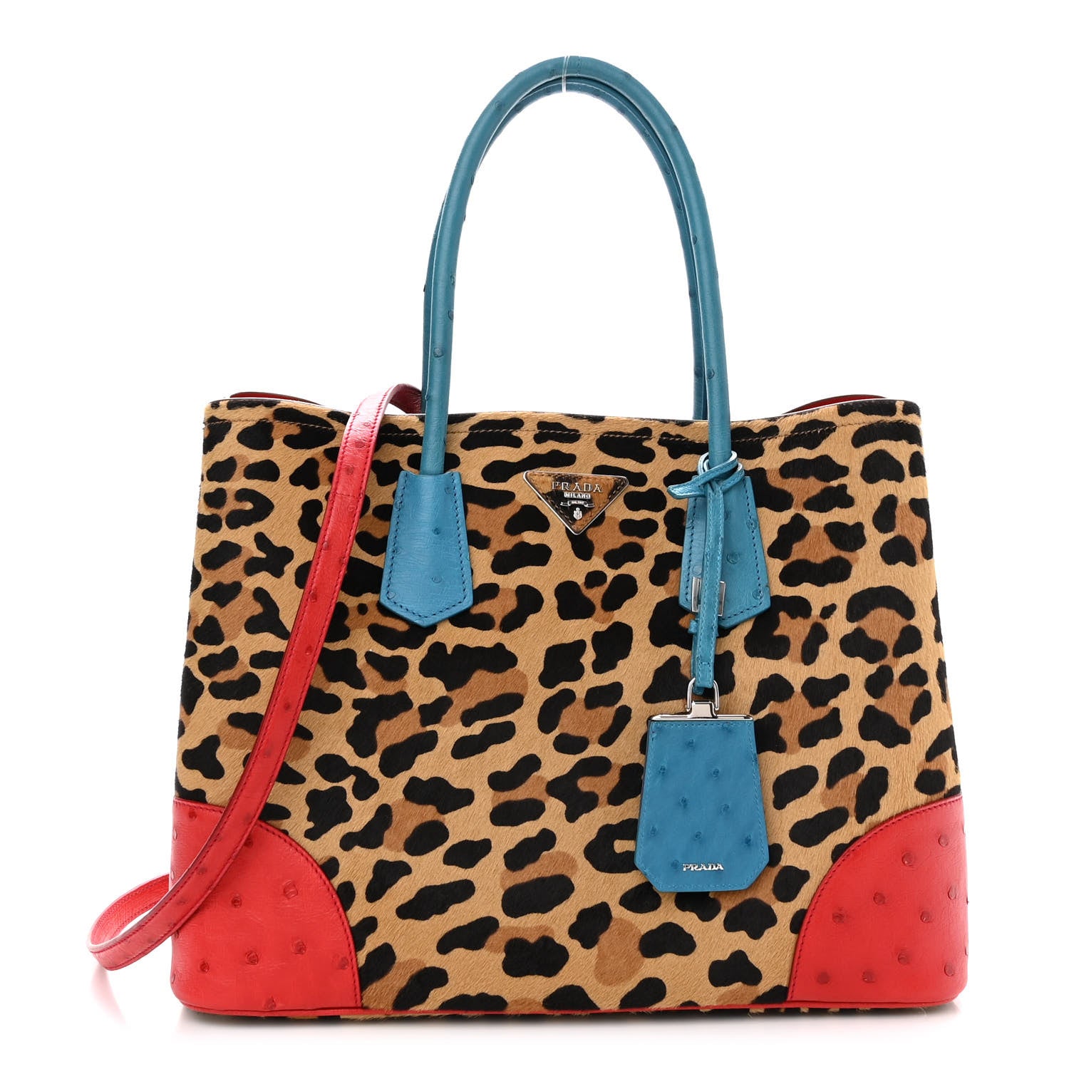 Prada Calf Hair Ostrich Leopard Print Medium Double Bag Miele Voyage 1 of 8